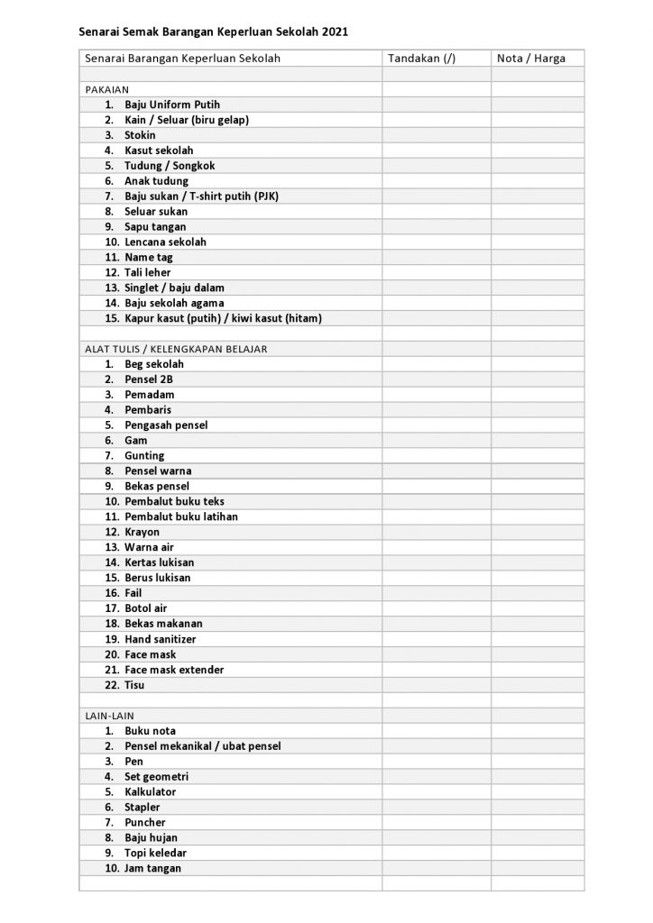 senarai barang keperluan sekolah