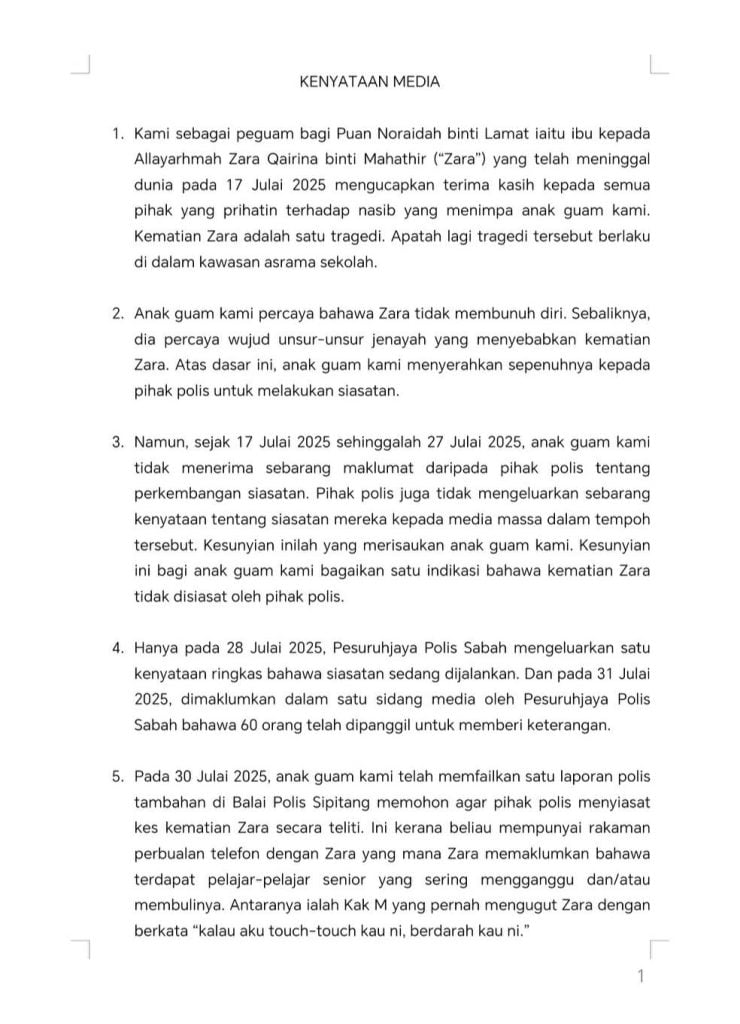 kenyataan media peguam kes zara qairina