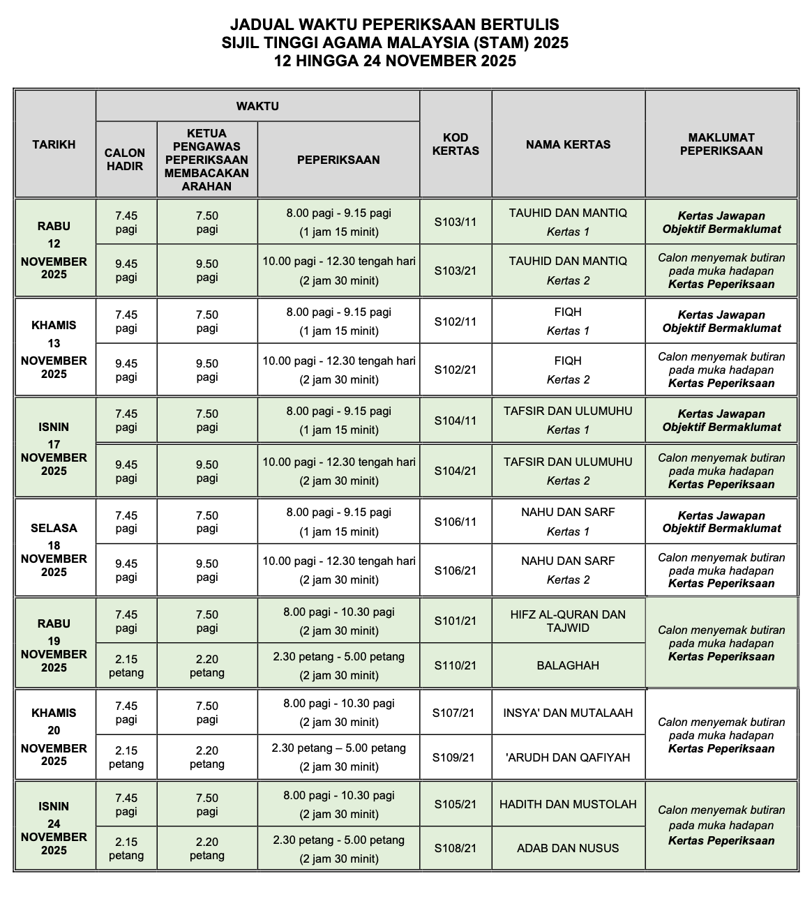 JADUAL PEPERIKSAAN STAM 2025
