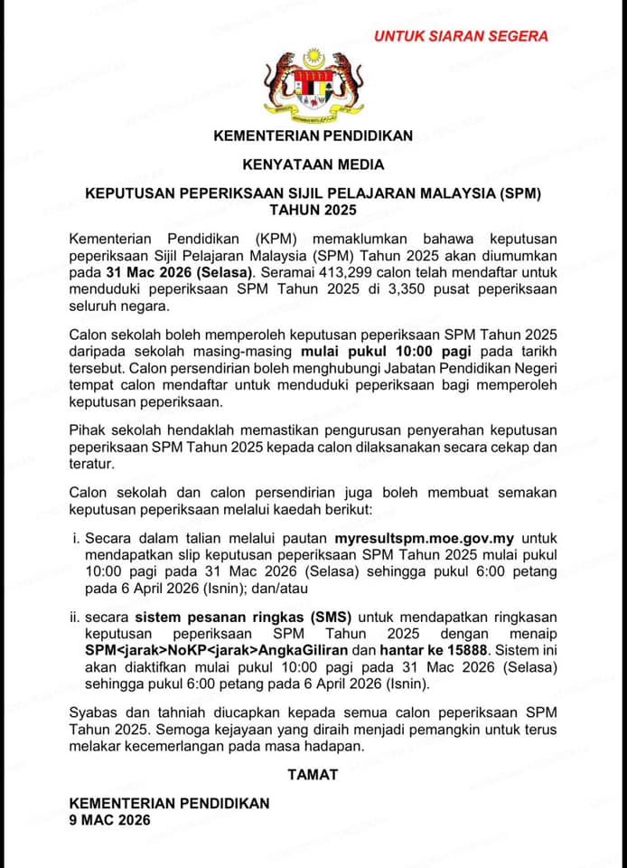 TARIKH KEPUTUSAN SPM 2025