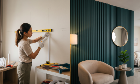 Gabungan proses DIY menampal casing wayar PVC pada dinding dan hasil akhir feature wall bergalur tona hijau gelap yang mewah.