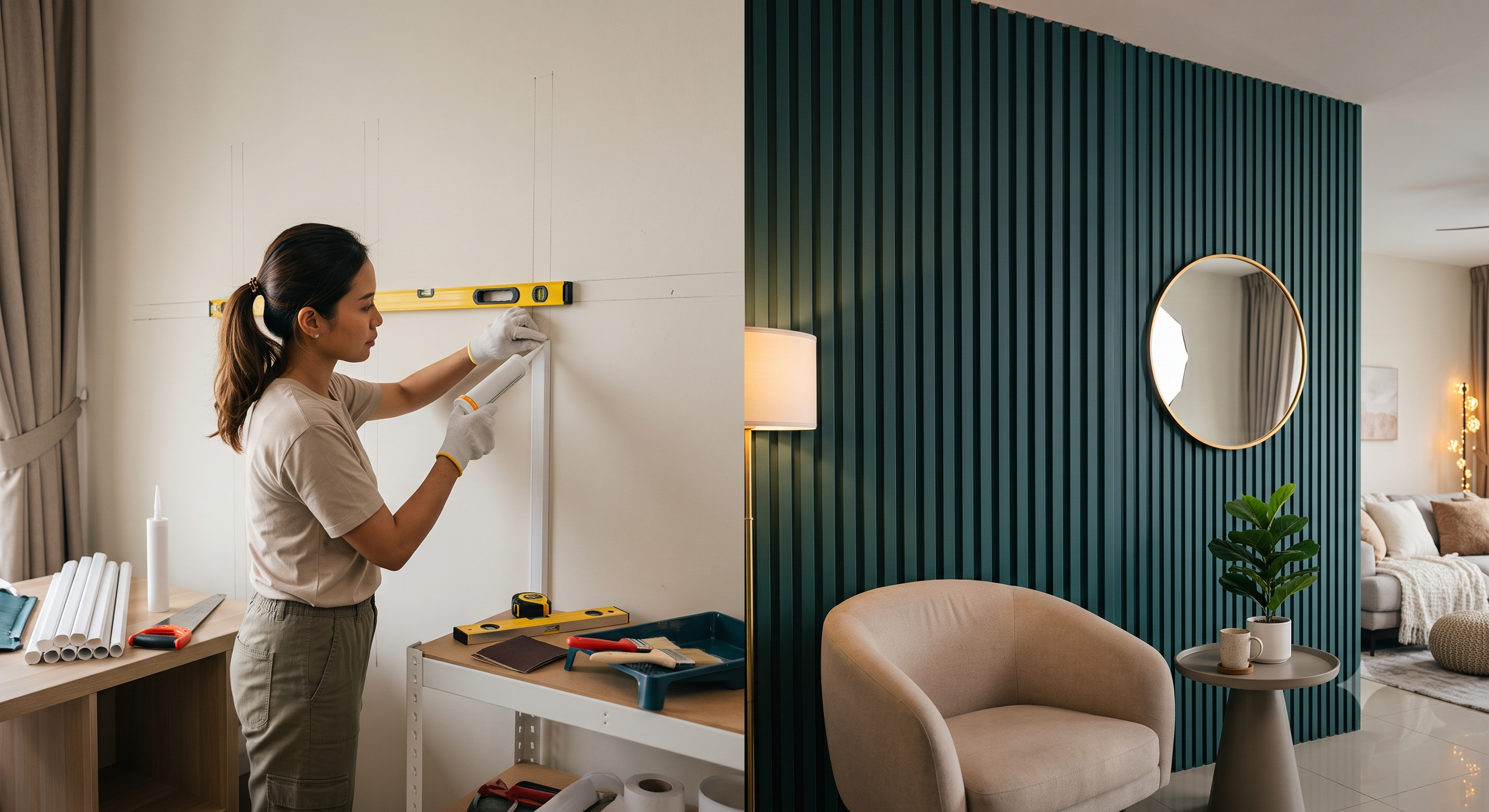 Gabungan proses DIY menampal casing wayar PVC pada dinding dan hasil akhir feature wall bergalur tona hijau gelap yang mewah.