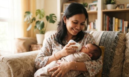 Mother feeding newborn baby with a wide-neck nursing bottle
