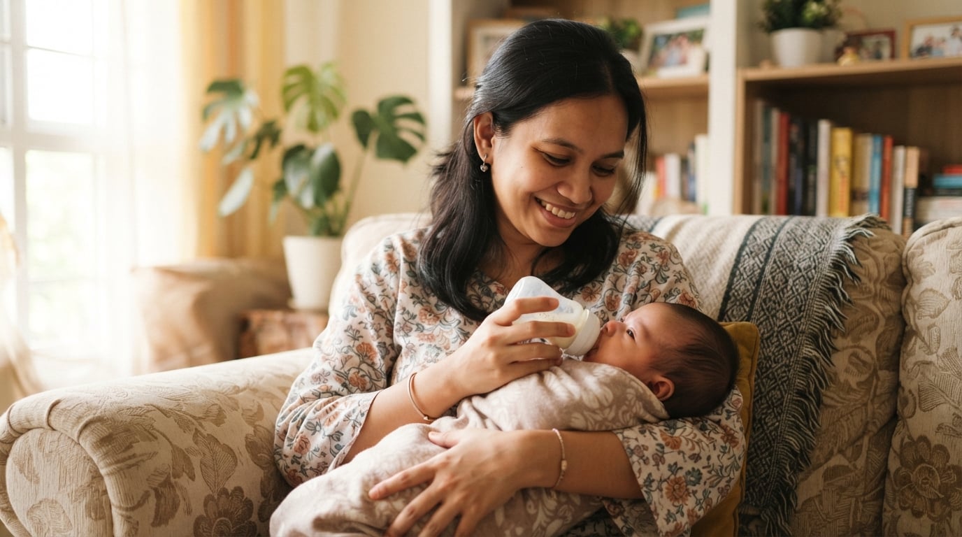 Mother feeding newborn baby with a wide-neck nursing bottle
