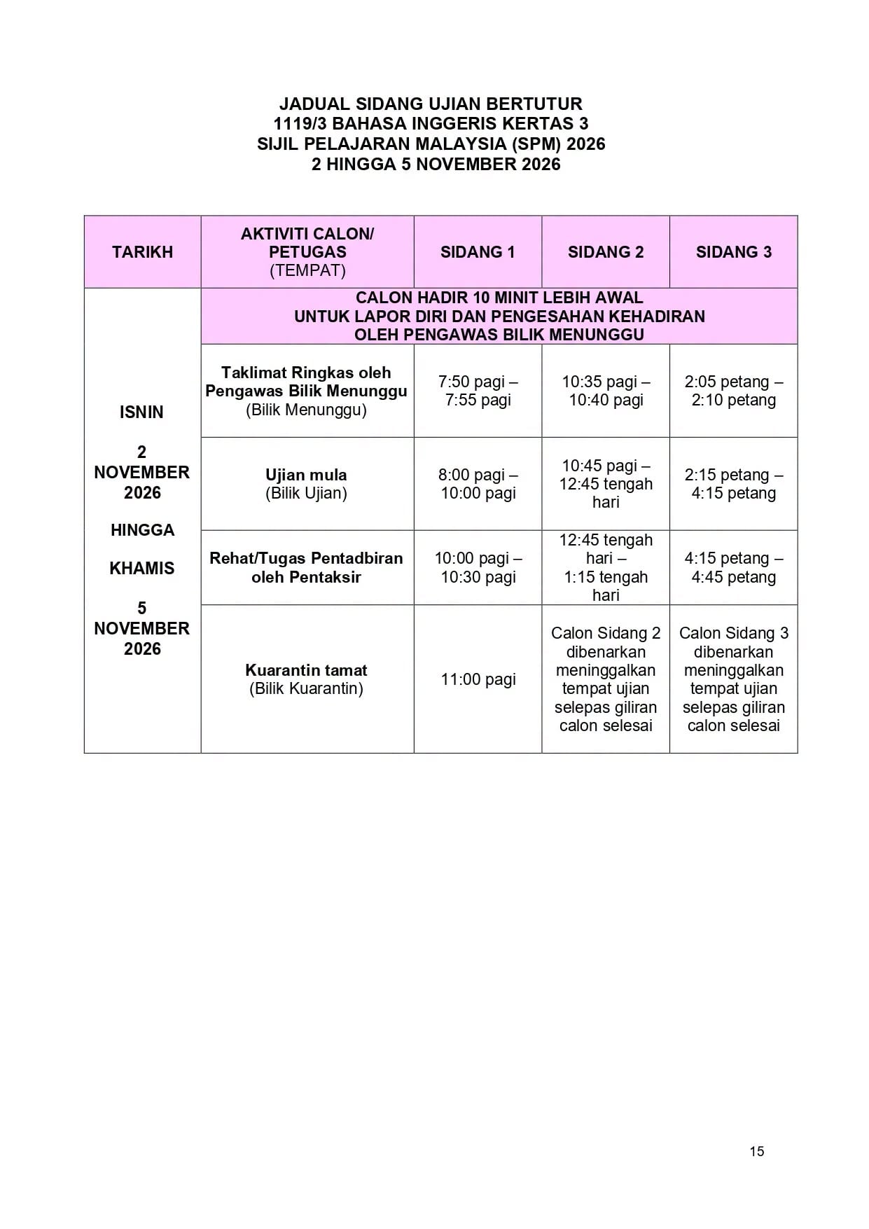 JADUAL WAKTU PEPERIKSAAN