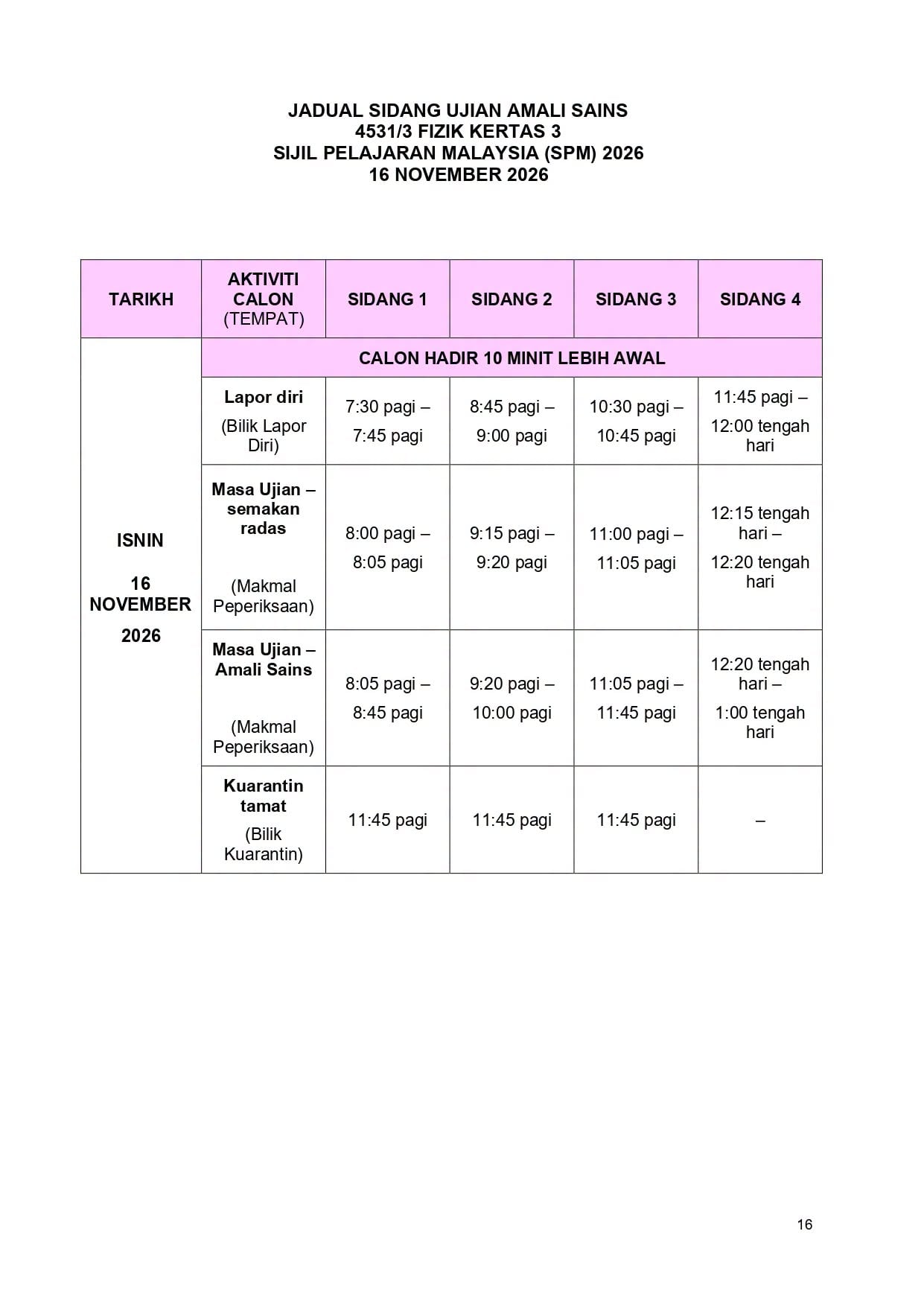 JADUAL WAKTU PEPERIKSAAN