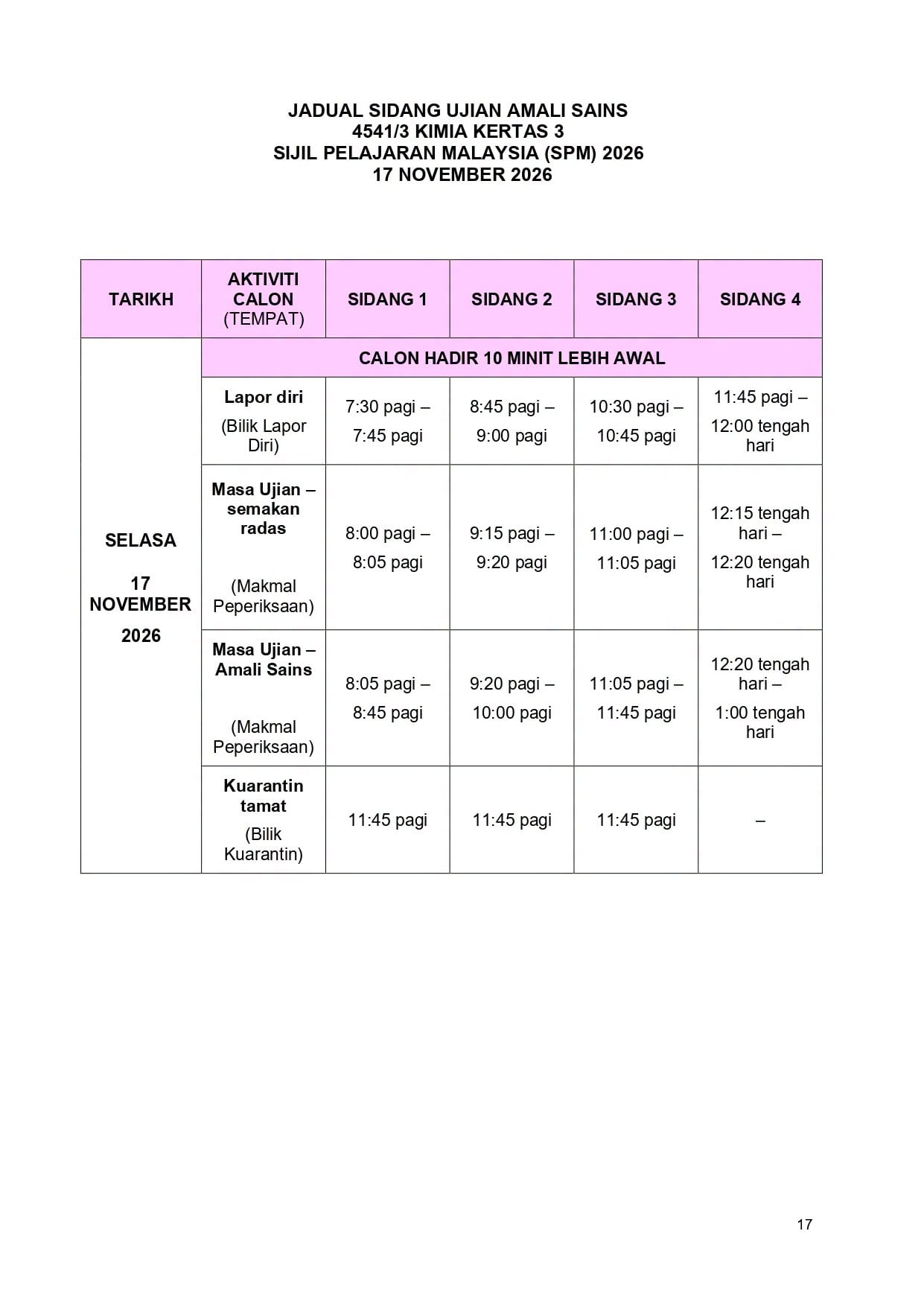 JADUAL WAKTU PEPERIKSAAN