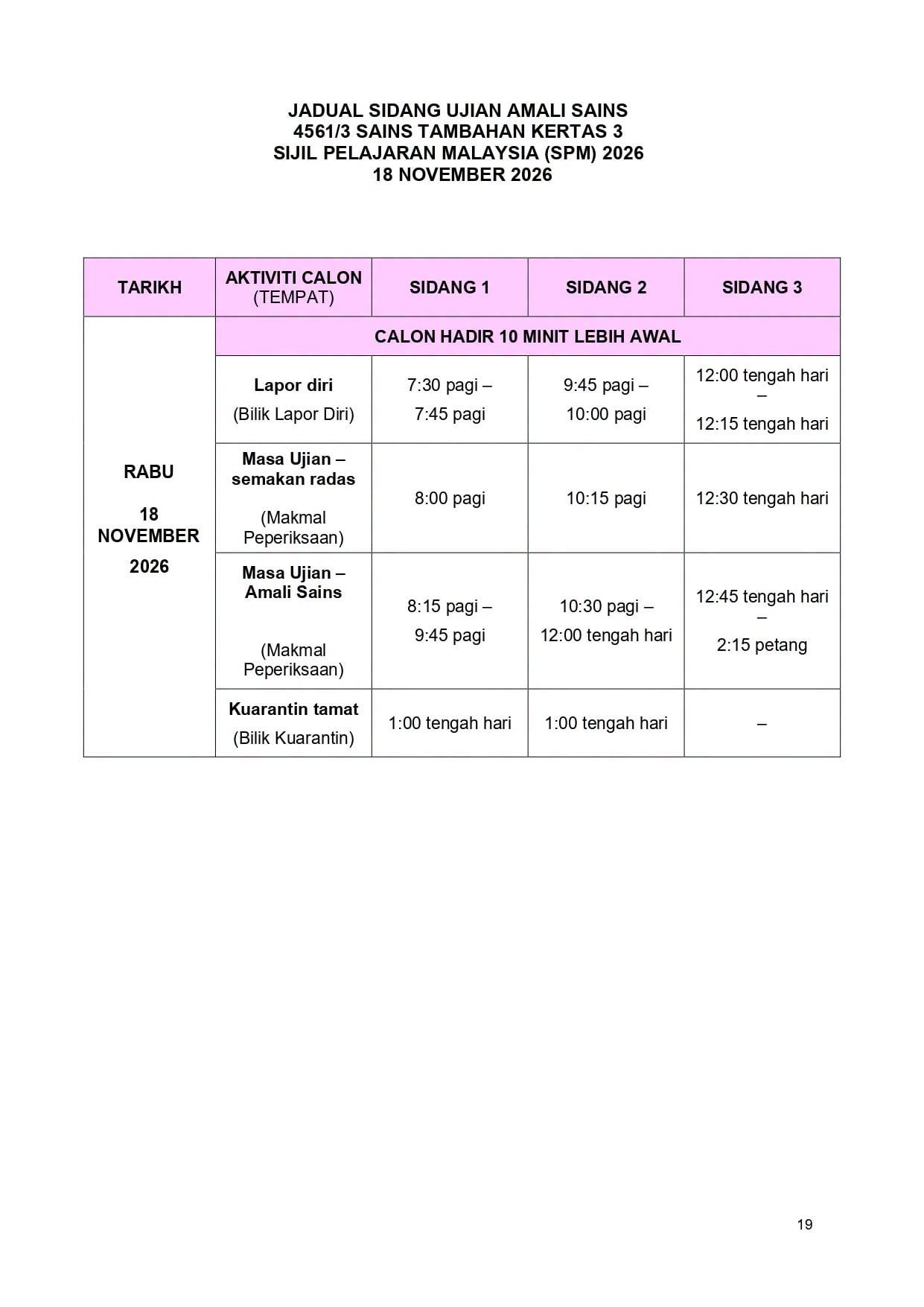 JADUAL WAKTU PEPERIKSAAN