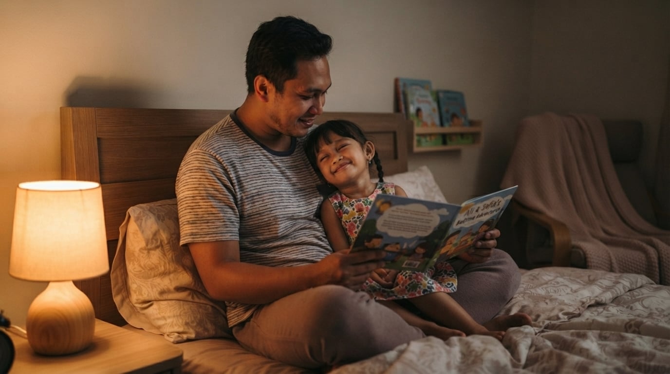 rutin membaca buku bersama anak sebelum tidur