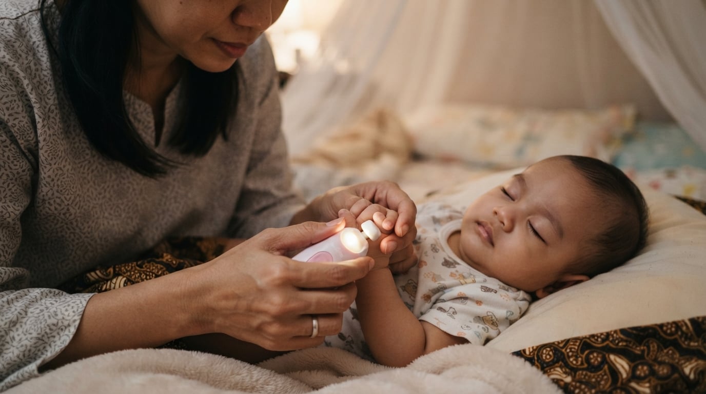 Tangan ibu sedang menggunakan pemotong kuku elektrik berkepala lembut pada jari bayi yang sedang tidur dengan lampu LED menyala lembut.