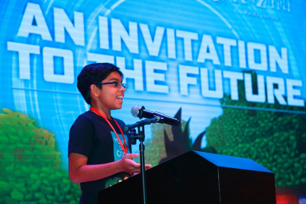 KidZania Congrezz member Lishyen Shischir Indran, 12, from Tenby International School sharing about 'Technology & Me' at the KidZ & Tech launch recently